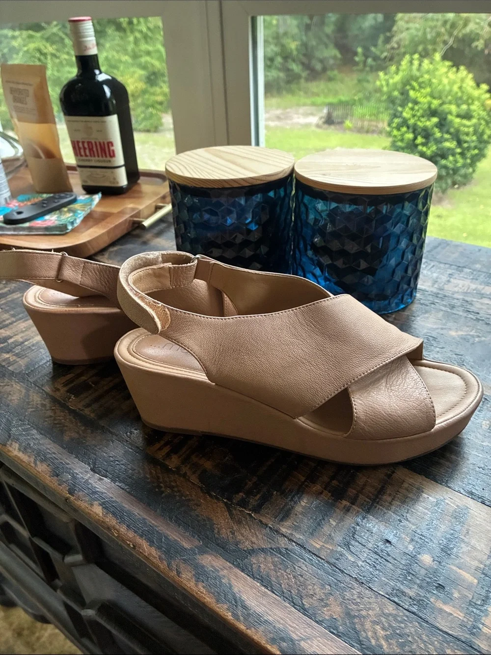 me too Neutral Tan Crisscross Wedge Sandals